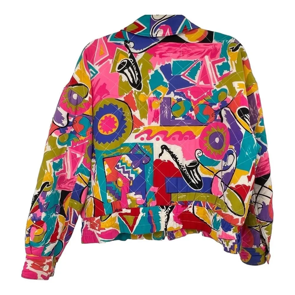 Vintage Georgiou Neon 90s Music Theme Silk Jacket Womens 10